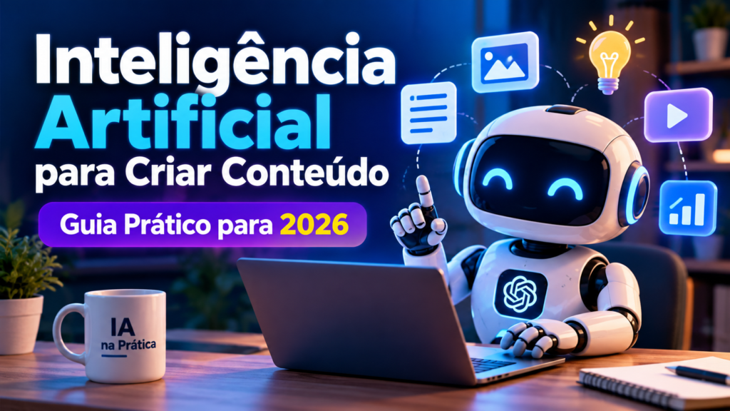 Inteligência Artificial para criar conteúdo, com robô usando laptop e elementos de texto, imagem e vídeo